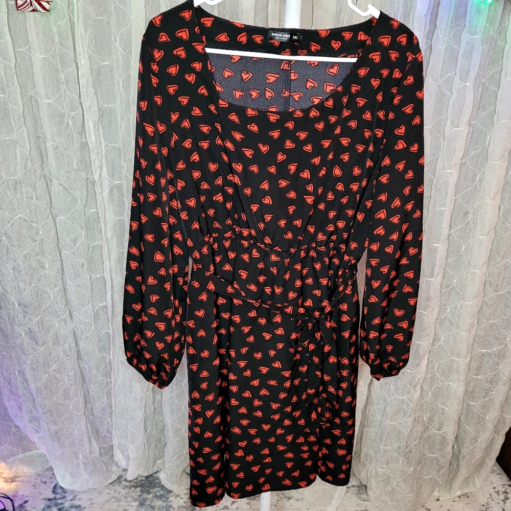 Shein Black & Red Heart Print Flowy Mini Long Sleeve Belted Valentine's Day 2XL